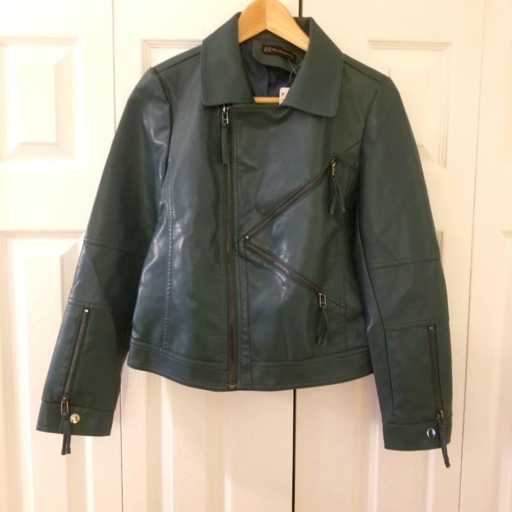 NWT Korean YILANUOYI Women Autumn Winter Wind Breaker Faux Leather Jacket Sz XL